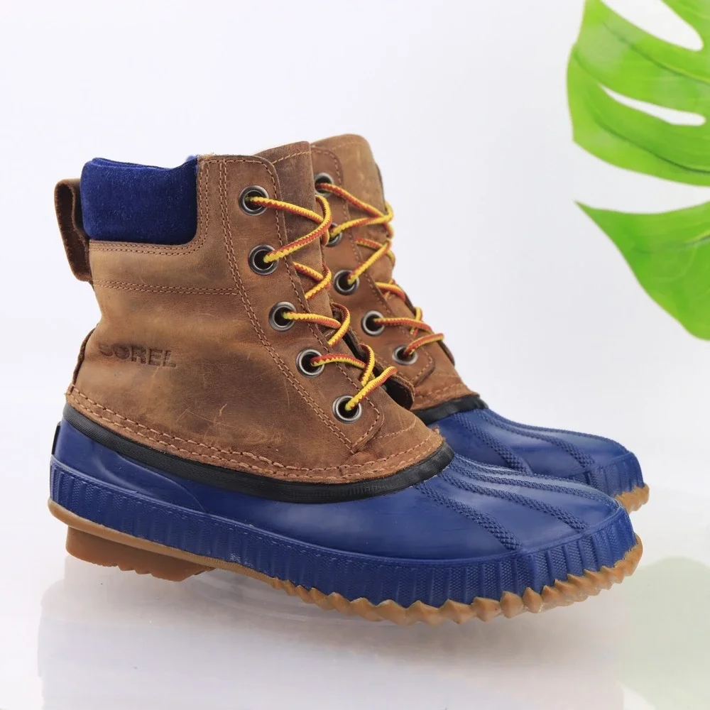 Sorel Womens Cheyanne Duck Boots Size 7 Waterproof Blue Brown Leather Lace Up